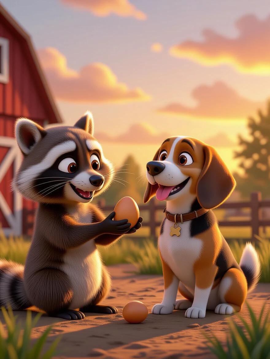 A raccoon hands an egg to a beagle. The dog looks happy. A farmyard under a sunset sky. Warm lighting provides a cheerful mood. Cartoon realism is featured prominently.
