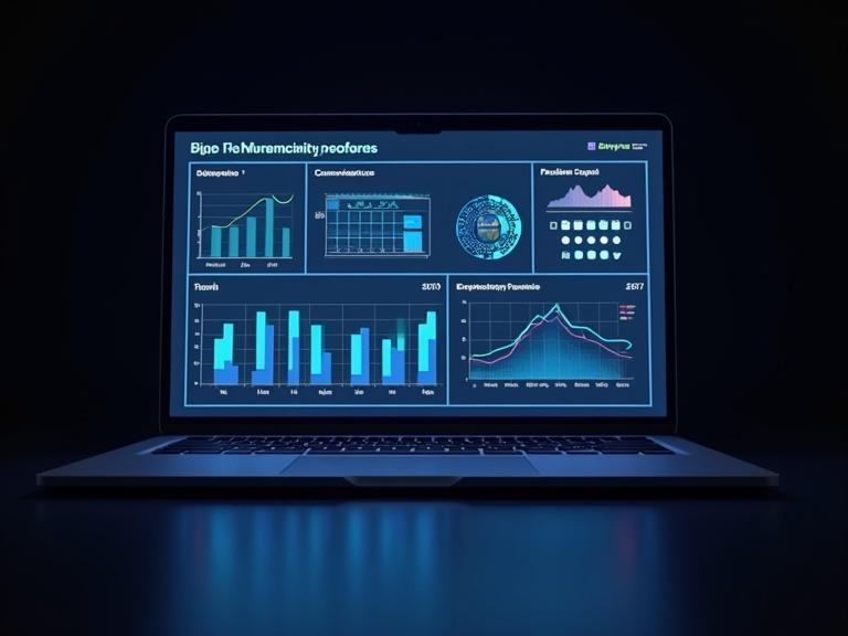 A modern laptop displays an analytical dashboard. Graphs and charts are visible. The background is dark and creates a sleek tech ambiance. Colors are vibrant, lines are crisp, and data clarity is emphasized.
