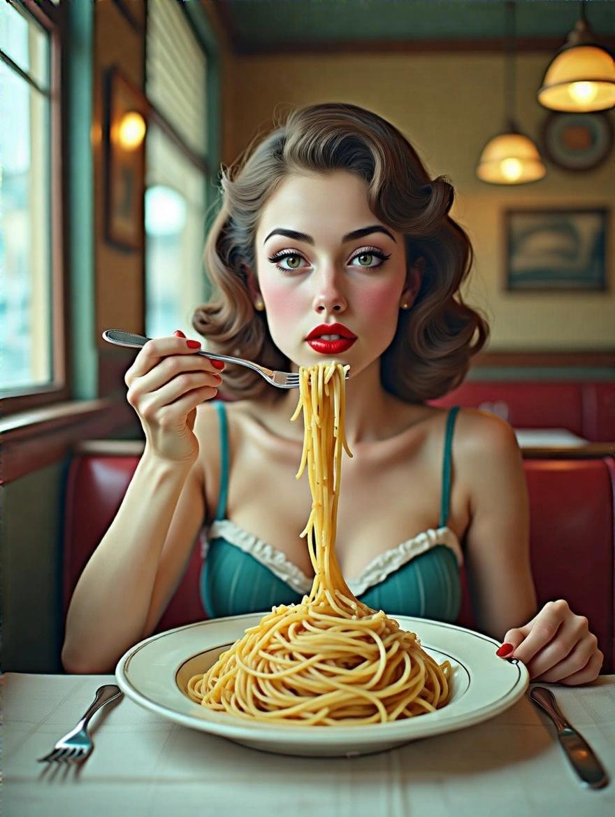 A woman enjoys a plate of spaghetti in a vintage restaurant. She is dressed in retro fashion. The plate of spaghetti is large and prominent. The restaurant has a nostalgic feel with warm lighting.