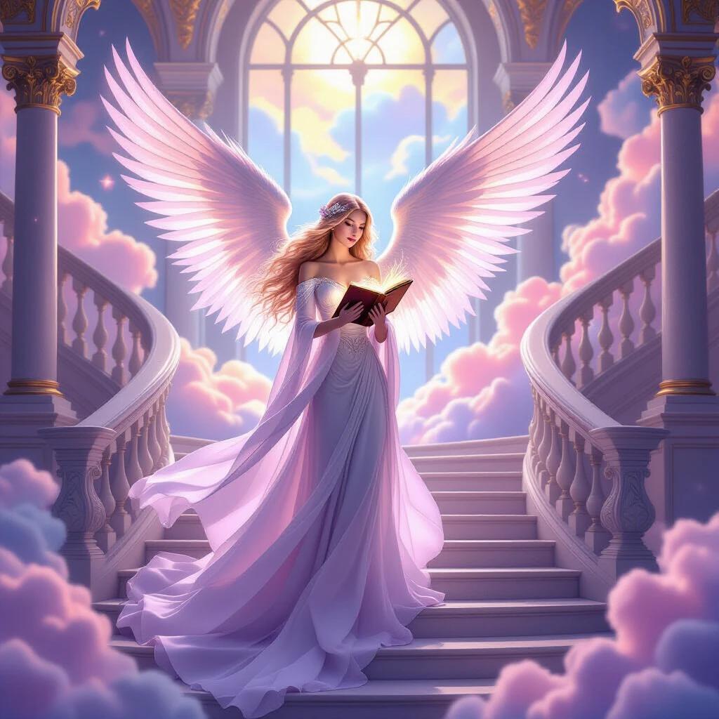 An ethereal angel stands gracefully at the base of an opulent staircase. The angel is surrounded by pastel clouds blending hues of pink and lavender. Majestic wings shimmer in soft light as she holds an ornate book. The book emits a mystic glow suggesting magical knowledge. The angel wears a flowing gown transitioning from deep azure to soft violet. Her long pink hair cascades gently. The interior features intricate architectural details and large windows filtering warm light. The scene evokes wonder and tranquility inviting viewers into a realm of fantasy.