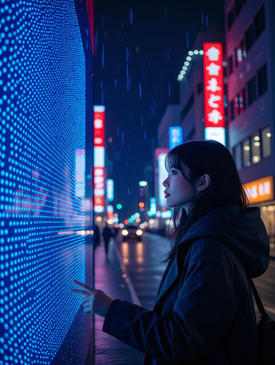 A cyberpunk city on a rainy night with a figure interacting with a glowing blue holographic projection that illuminates part of their face. The atmosphere features dynamic light and shadow effects created by both the light and the rain. The artistic style is 3D realistic with a 16:9 aspect ratio.