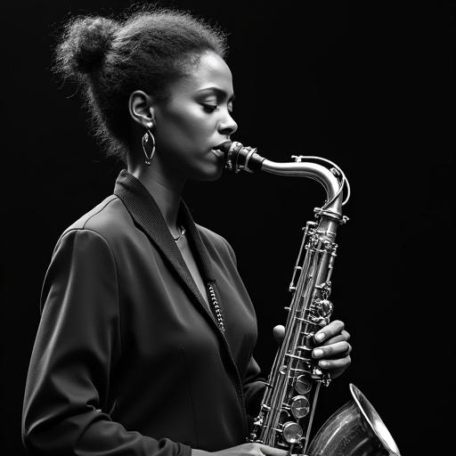 A black woman plays the saxophone. Elegant and poised. The woman is dressed in a stylish outfit. The setting conveys a sense of jazz and music culture.