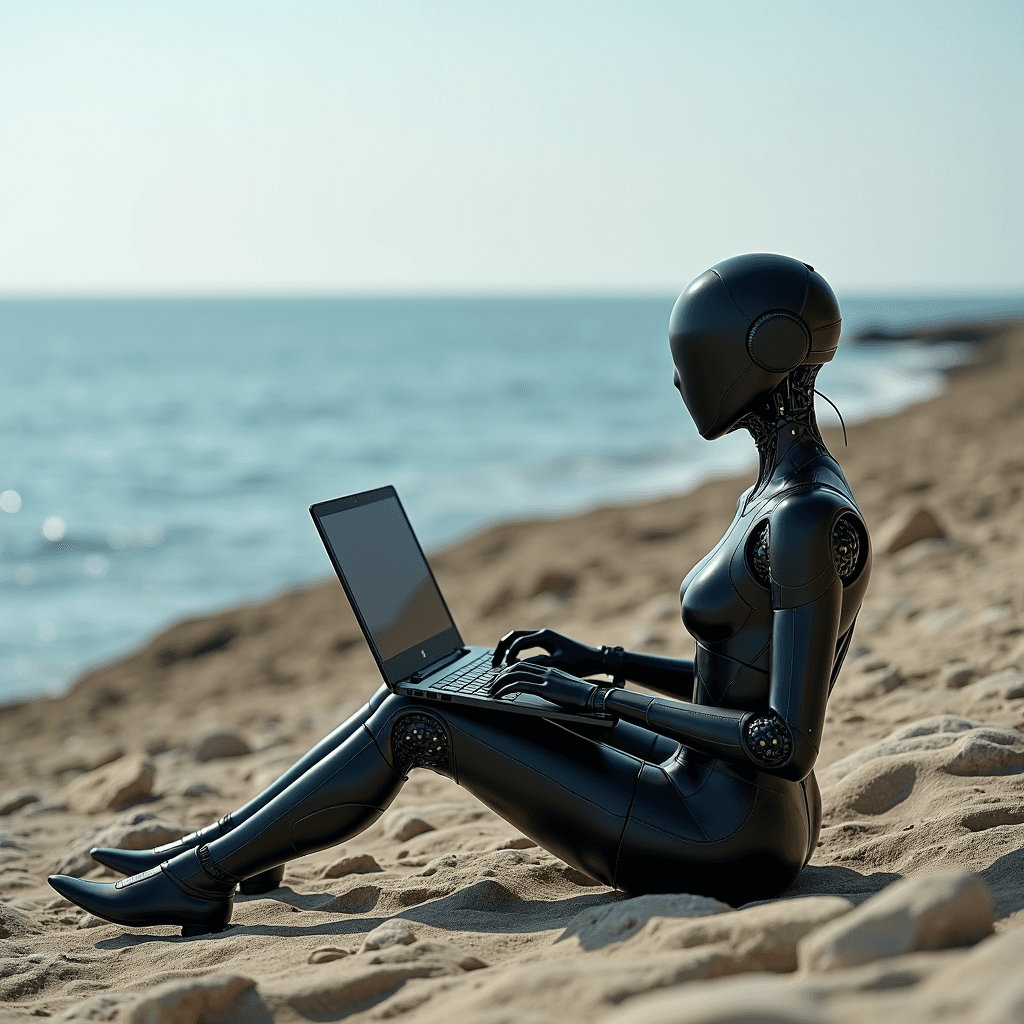 A humanoid robot sitting on the beach using a laptop under the sunlight.