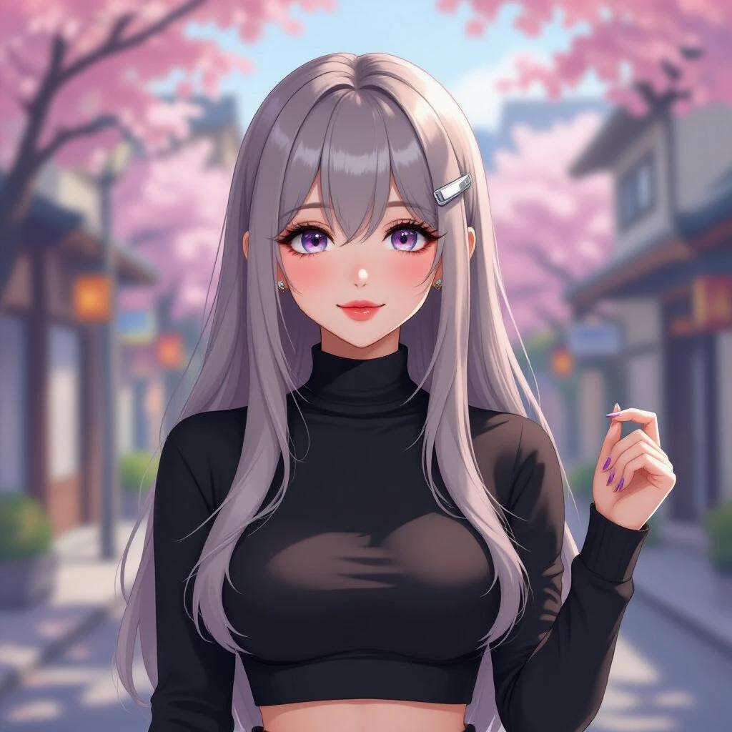 Character poses in an urban setting. Long hair is ash blonde with silver clips. Wears a black cropped top and high-waisted leggings. Holds a pink phone with kawaii case. Room features large windows and modern furnishings. Light comes in from outside.