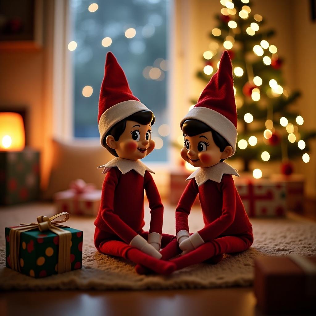 Christmas scene featuring Elf on the Shelf characters. Two elves sit cross-legged in a cozy living room. Background decorated with Christmas tree and presents. Soft lighting creates a warm festive atmosphere.