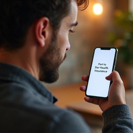 A man in side profile looks at a mobile display. His expression shows surprise and impress. The background shows a hand holding a phone with the message Port to Star Health Insurance. The setting is indoors with warm lighting. Overall scene feels authentic and relatable.