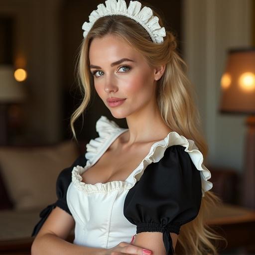 Portrait of a blonde woman dressed in a French maid costume. The outfit features puffy sleeves, a fitted bodice, and a decorative headpiece. The background is softly blurred, focusing on the subject.
