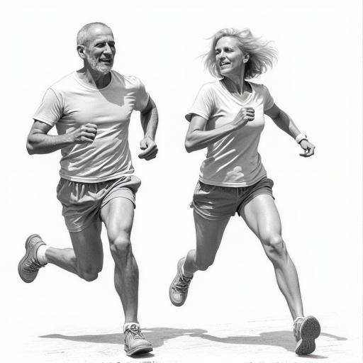Full body view of two individuals running. One is an old man; the other is an old woman. Both figures are drawn in a pencil style by John Buscema. They are set against a white background.