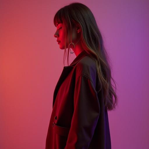 Profile view of a woman in techware fashion. Brown, red, and purple color palette with dramatic lighting effect. The image features a modern aesthetic suitable for fashion photography.
