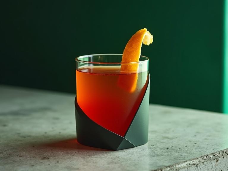 A minimalist cocktail in a matte geometric glass. Drink is a Negroni with rich amber color. Garnish features a sculptural citrus peel. Textured concrete surface underlines modern design. Green lighting adds depth. Overall mood is refined and architectural.