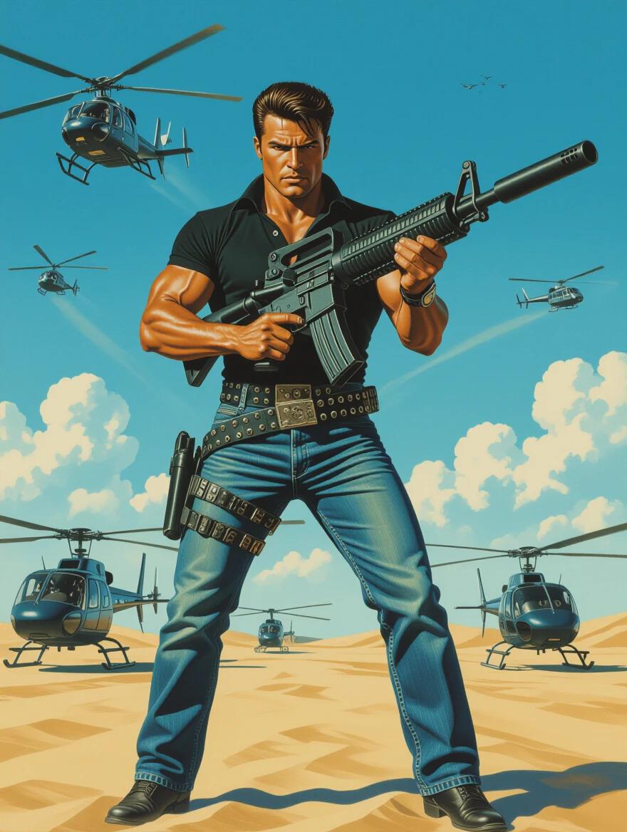 80s Action movie poster featuring a hero in jeans with slicked back hair. Black shirt with rivets. Full body view holding a large gun in a desert landscape. Helicopters in the background. HDR effect with vivid colors. Movie poster style.