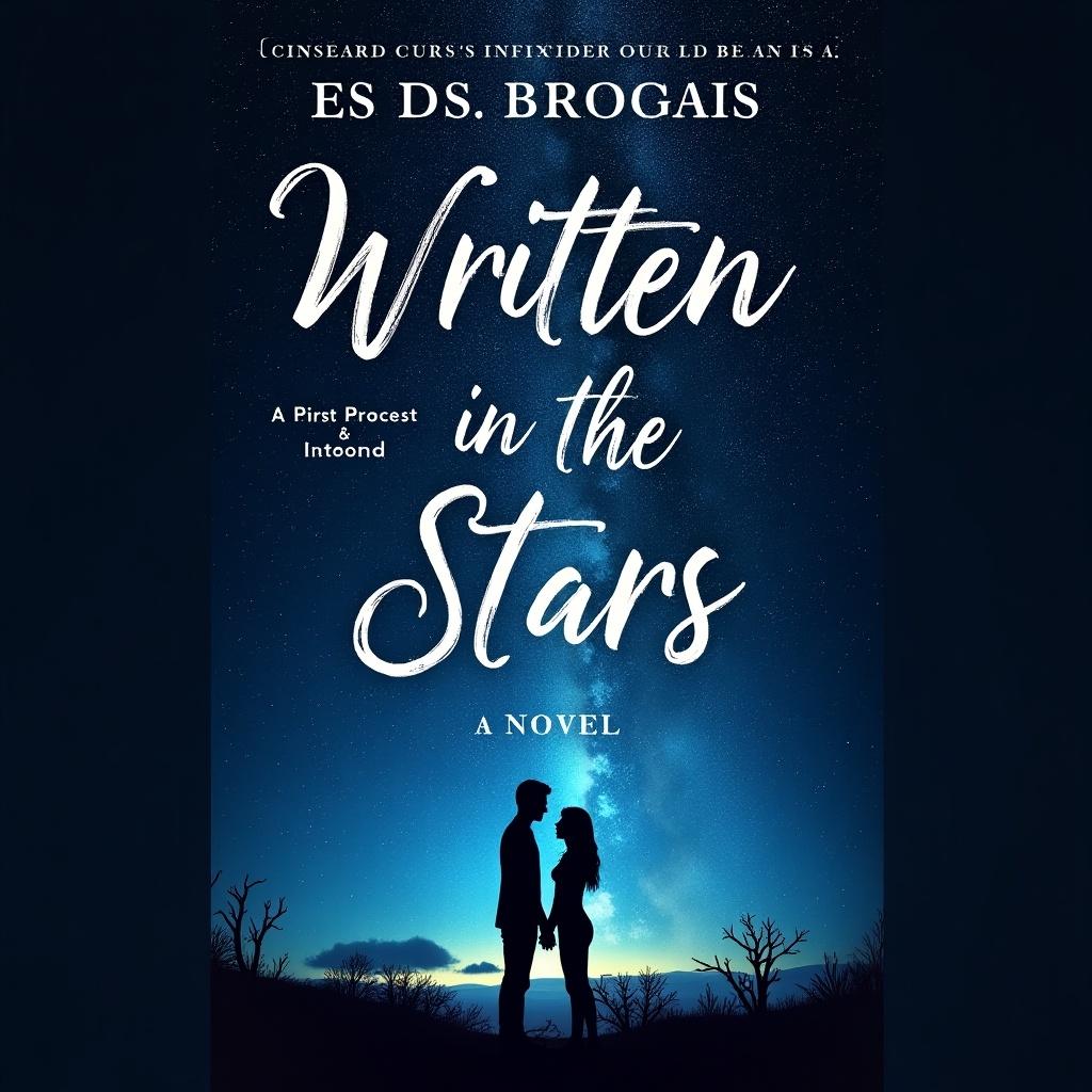 Novel cover titled Written in the Stars. Features a silhouetted couple against a starry night sky. The title is prominently displayed in an elegant font. The background consists of blues and blacks representing the night sky with stars.