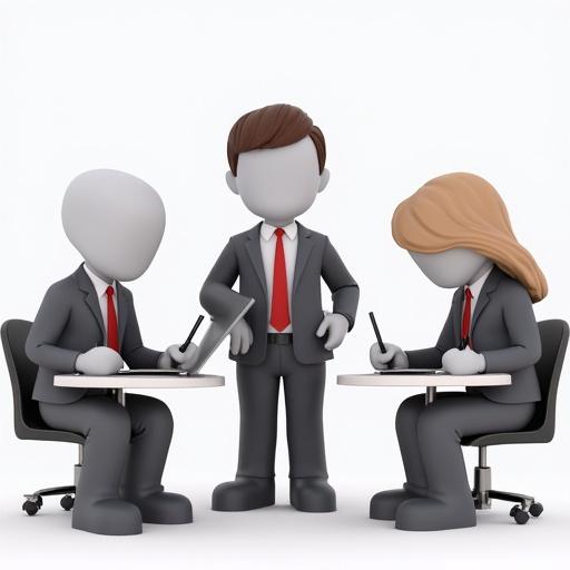 3D illustration of a boss standing with two assistants writing notes in front of a laptop. Boss is in a formal suit. Assistants are also in business attire. All characters are stylized with no facial features. Created in a flat design aesthetic with a clean background.