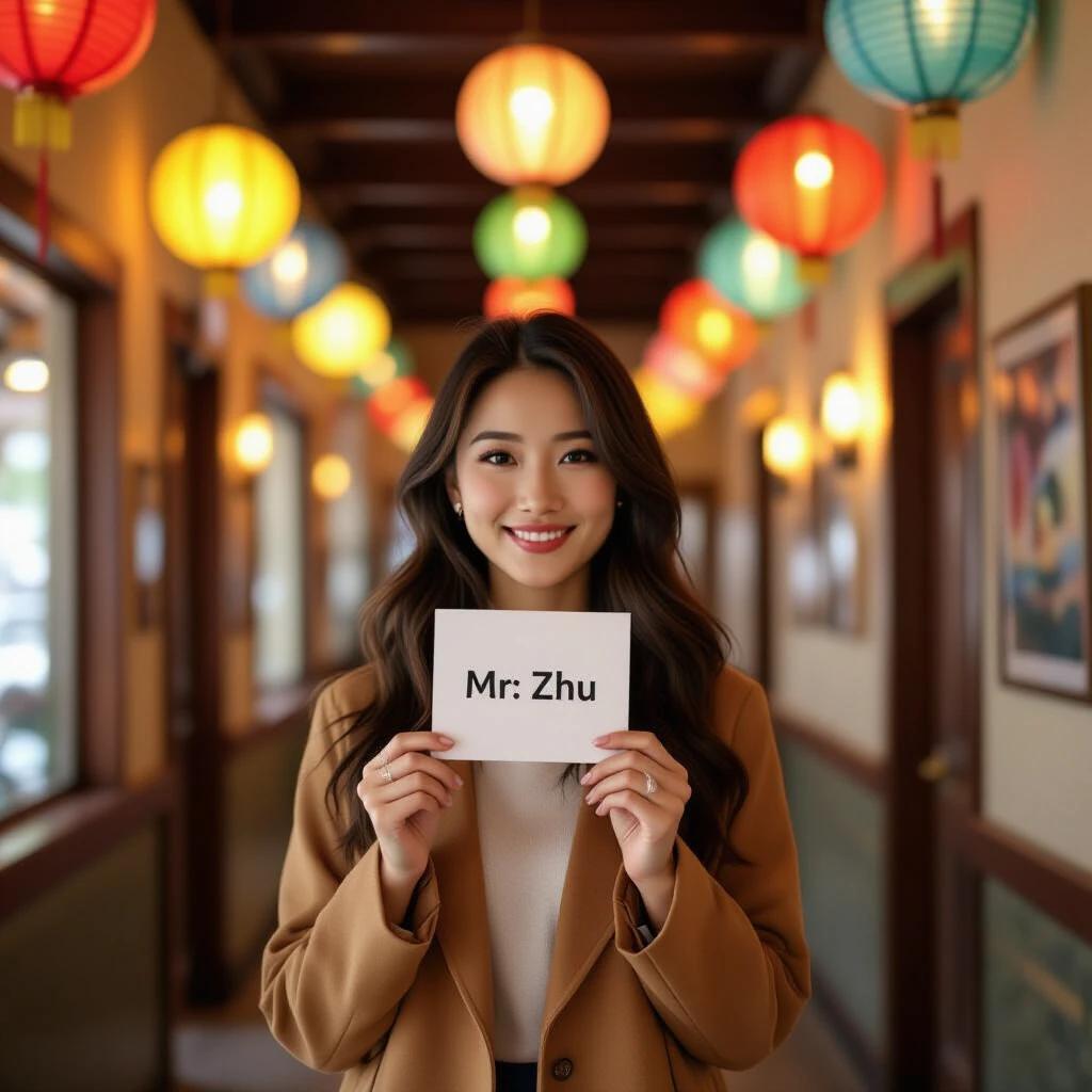 Woman holding a card that reads 'Mr: Zhu'. She stands in a warmly lit hallway with colorful paper lanterns hanging above.