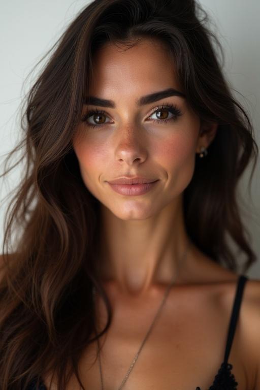 Portrait of a woman with long dark brown hair looking at the camera. She has tanned skin and soft features. Hyperrealistic photo style with a transparent background.