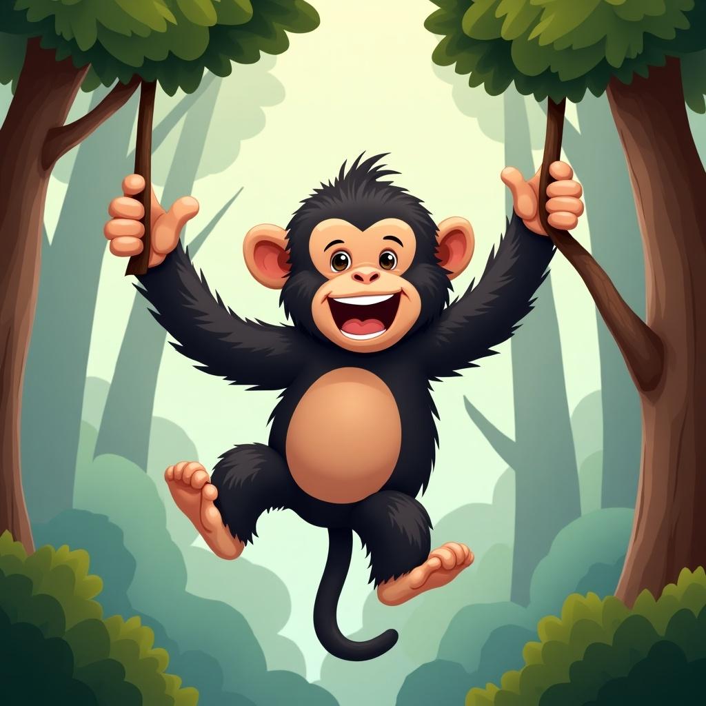 A cartoon-style chimp is joyfully swinging through the trees in a lush forest. The chimp has a huge smile and vibrant black fur. It holds onto two branches with its furry hands, showcasing its playful nature. The forest background features tall trees with green foliage and a bright, cheerful ambiance. The scene is designed to appeal to children, with a focus on fun and adventure.