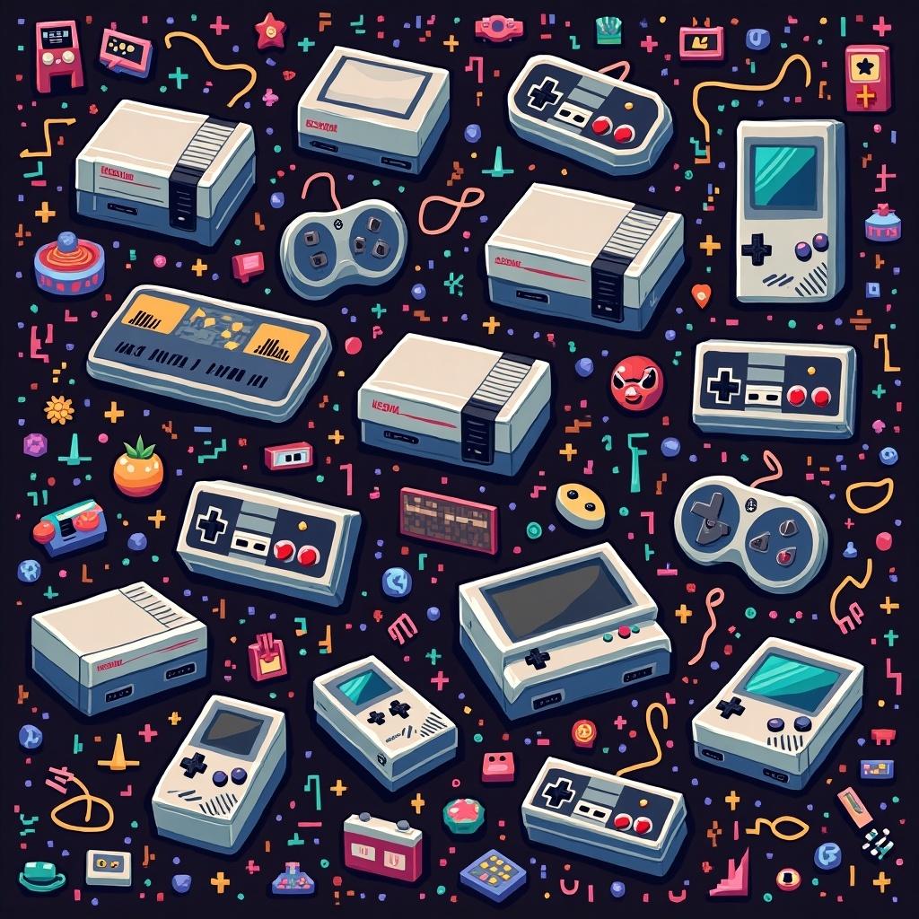 Generate an image filled with various retro gaming consoles, showcasing multiple models and accessories on a colorful, playful background.