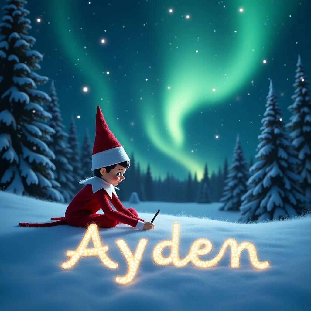 An animated elf from the Elf on the Shelf tradition is seen sitting in the snow. The elf is wearing a classic red outfit and is intently writing the name 'Ayden' in the snow. The name is beautifully crafted in cursive and illuminated, appearing magical. The backdrop features a serene night sky filled with vibrant northern lights, adding a whimsical and festive atmosphere. Snow-covered pine trees frame the scene, enhancing its charm and holiday spirit.