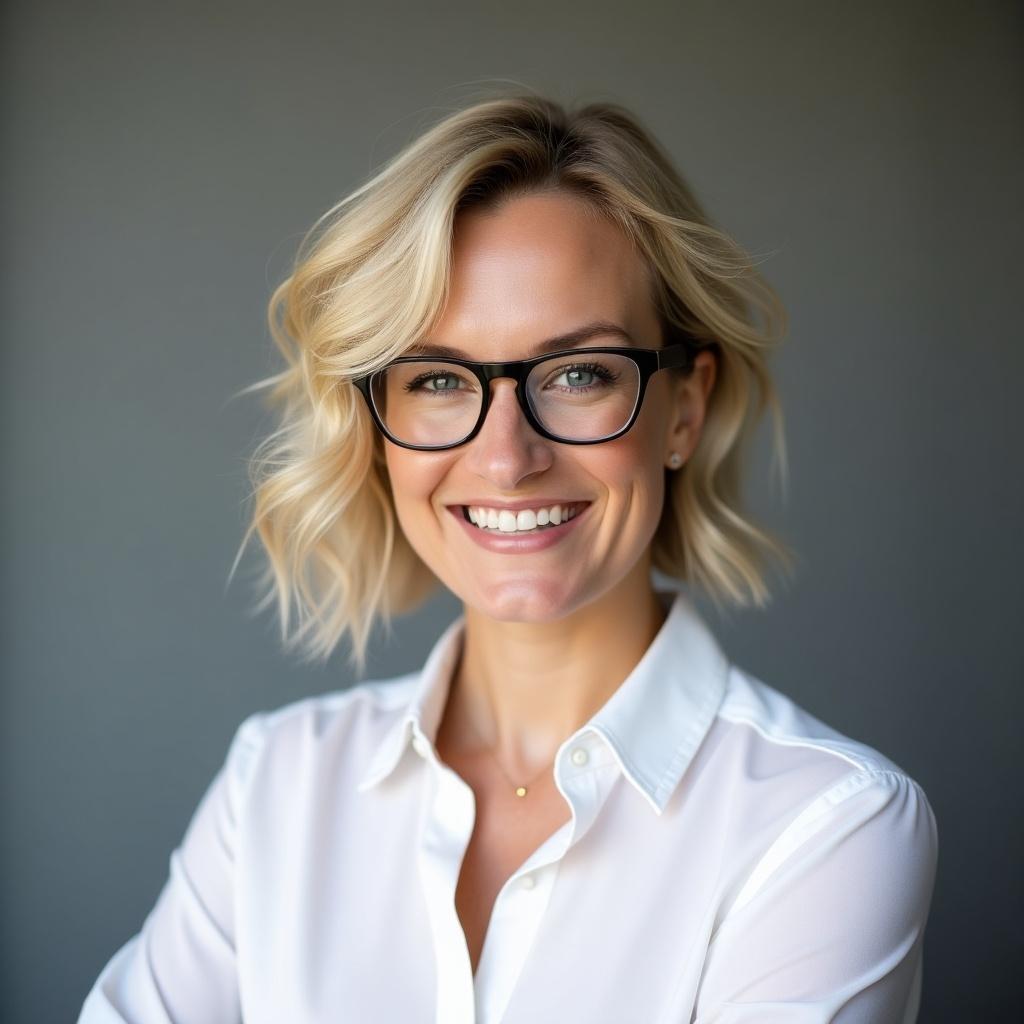 Stylish professional woman wearing a white shirt with soft lighting and a neutral background. Elegant and confident appearance.