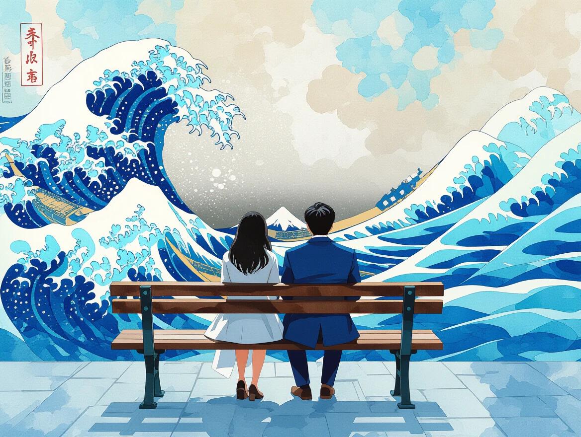 A couple sits on a bench sharing a moment by the ocean. The clouds are illustrated in watercolor style. The waves resemble Hokusai's famous artwork. The couple shows a connection to the natural scenery. Their attire blends in with an artistic background inspired by traditional Japanese art.