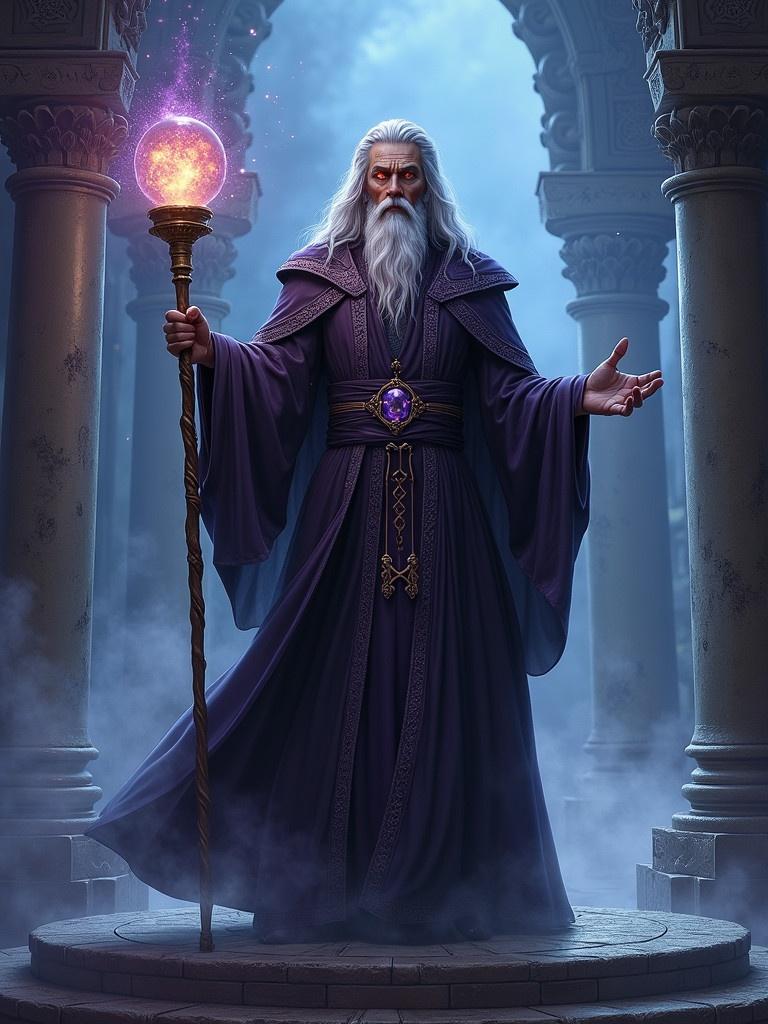 A male wizard has a commanding presence. Dressed in flowing dark robes decorated with glowing arcane symbols. Eyes emit faint ethereal glow. He holds a staff with a crystalline orb at the tip. Radiating magical energy. Stands in a mystical ancient setting. A stone platform surrounded by swirling mists. Glowing runes nearby. Faintly visible stars in the background. The atmosphere is mysterious and otherworldly with deep purples, blues, and silvers.