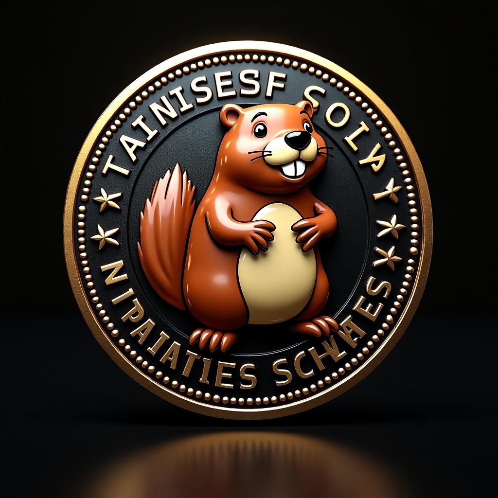 Image of a shiny coin embossed with a beaver cartoon. Background is vibrant black. Coin design conveys cryptocurrency concept. Appealing to young audience.