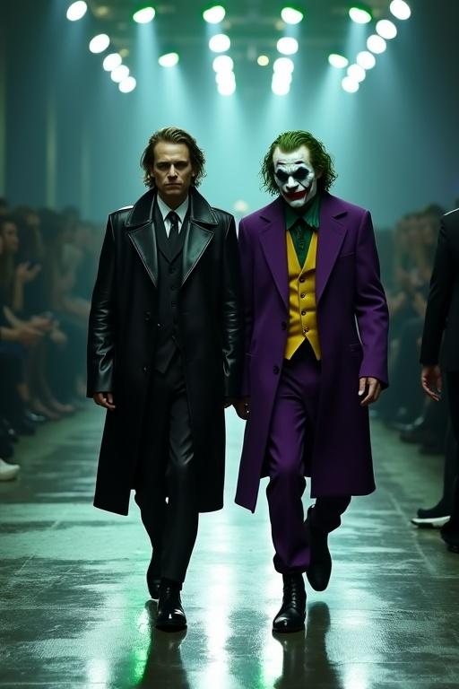 Hyper-realistic fashion catwalk scene featuring Heath Ledger and The Joker. Heath wears an asymmetric black leather trench coat, white dress shirt, and slick black boots. The Joker is in a purple overcoat and green vest with smeared makeup. Ambient green-purple lighting creates eerie effects. Glossy floor reflects details of their outfits and expressions.