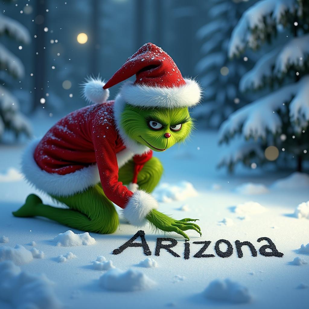 Iconic green Grinch kneeling in snowy landscape. Inscribing 'Arizona' in snow. Serene winter backdrop with snow-covered trees. Gentle snowflakes falling. Grinch in festive Santa outfit. Mischievous expression contrasts with white snow. Sparkling untouched snow under moonlight. Evokes playfulness and warmth.