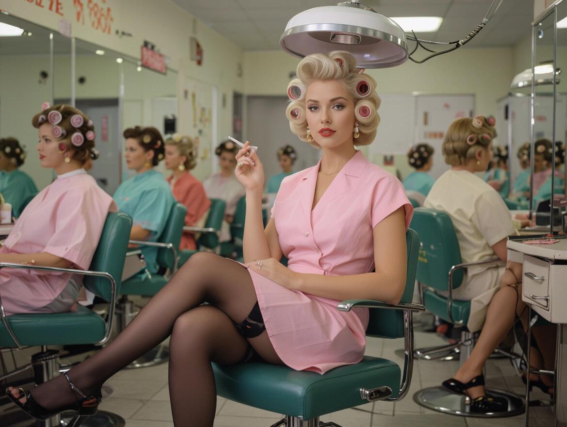 Portrait of a 1960s woman with platinum blonde hair in curlers. Holding a cigarette. Wearing a pink smock over a business dress. Black stocking tops visible. Sitting in a retro beauty parlor under a hair dryer. Surrounded by other women. Elegant decor in the setting.