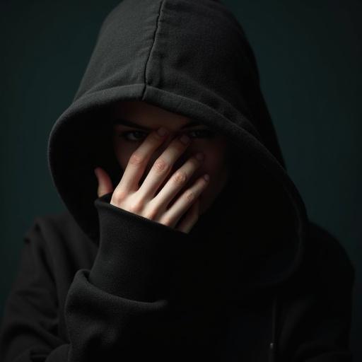 Egirl wearing a black hoodie covering face with hand. Image slightly blurry against a dark background.