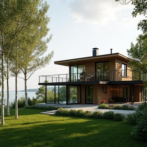 Exterior photo of a Scandinavian modernist house in Stockholm. Surrounded by greenery and a private garden. Features clean architectural lines with large glass windows and wooden cladding. Gentle slope with view of the Baltic Sea. Birch and pine trees present. Soft daylight and serene atmosphere.