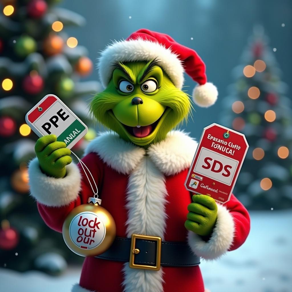 Grinch character in Santa suit holds Christmas ornaments with PPE and Safety Manuals. Festive setting with snowy background. Christmas lights on trees.