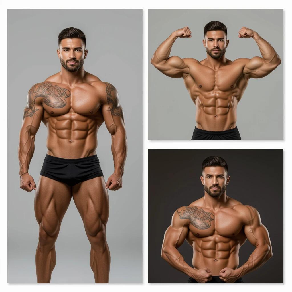 A muscular man showcasing prominent biceps abs and legs with tattoos on the body full body shot