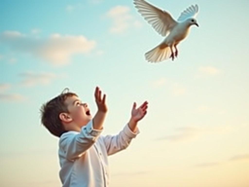 A child is standing outdoors, wearing a white dress shirt. The child is reaching out with both hands as a white dove is taking flight above them. The setting shows a beautiful sky with a gradient of blue and light orange hues, suggesting either dawn or dusk. The child appears excited or joyful, watching the bird ascend into the air. The scene captures a sense of freedom and innocence, highlighting the bond between nature and the child.