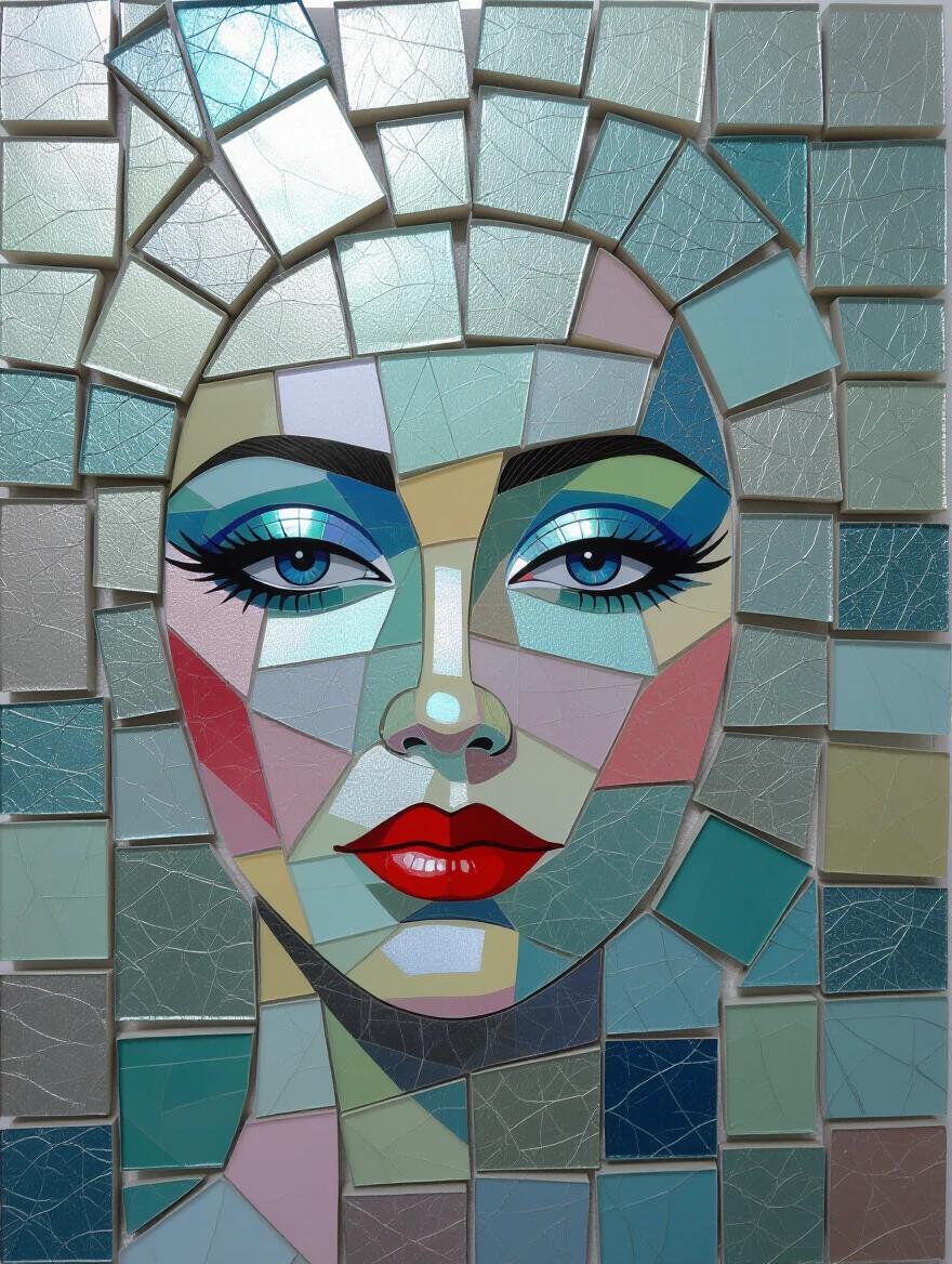 An abstract mosaic artwork featuring iridescent ceramic and glass tiles. The design incorporates shades of teal and turquoise arranged in a unique pattern. The artwork has a blend of ethereal qualities, achieved through encaustic mixed media techniques.