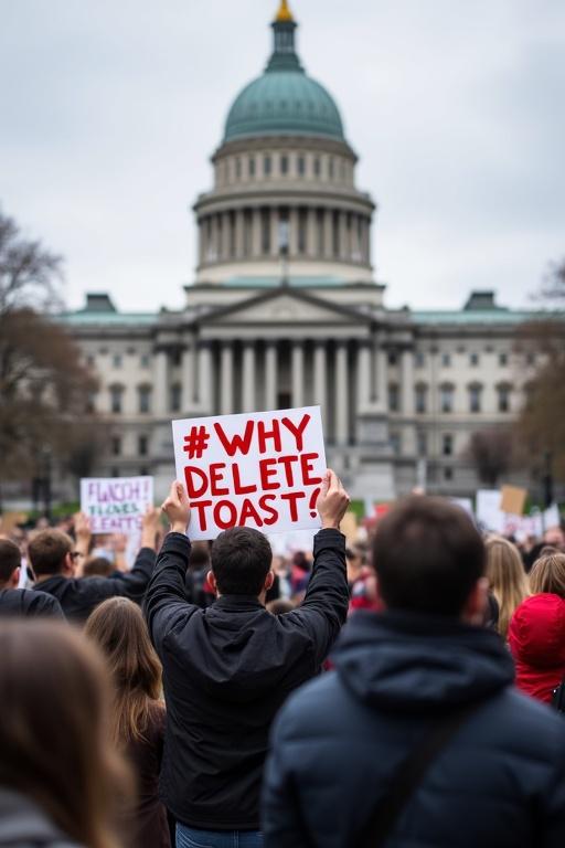A crowd gathers in front of a government building. People hold signs with various messages. One prominent sign reads '#WHYDELETETOAST'.