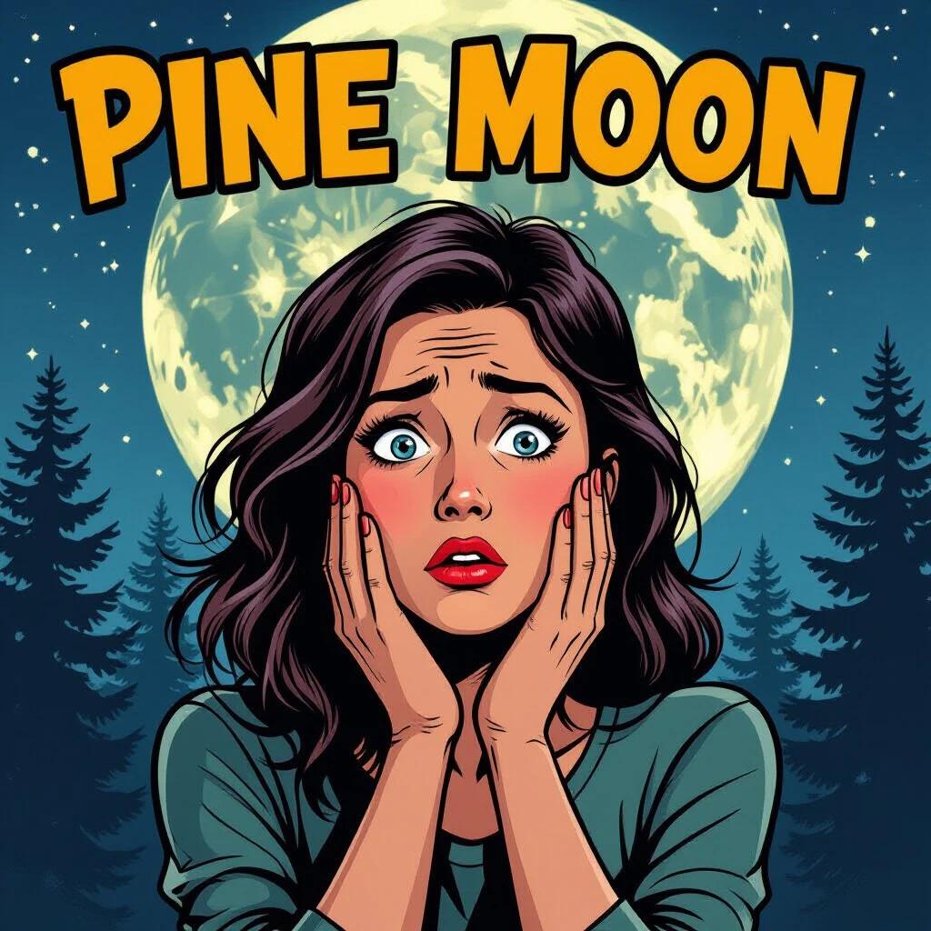 A woman expresses fear under a bright full moon. The scene is set in a dark pine forest. The illustration has a comic book style. The atmosphere feels mysterious and suspenseful.