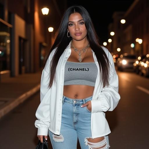 A confident woman poses in a city street at night. She has long straight hair and wears a cropped gray top. An oversized white shirt is layered over it with light blue ripped jeans. Her outfit is stylishly complemented with Yeezy Boost 350 V2 and a small Chanel handbag. The jewelry is layered gold, featuring earrings and pendant necklaces. Background shows a dimly lit urban scene with cars.