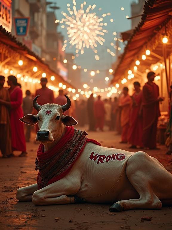 Indian market during a festive celebration with traditional attire. A cow lying down has 'WRONG' written in calligraphic style. Fireworks in the background create a celebratory atmosphere.