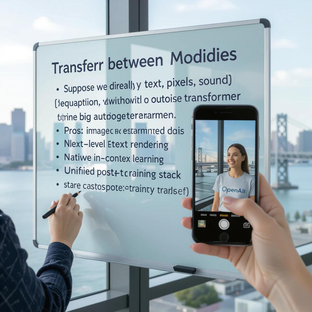 Wide image of a glass whiteboard in a room overlooking the Bay Bridge. Woman writes with natural handwriting. Handwriting lists concepts about transfer learning with OpenAI logo visible on her tshirt. Text includes pros and cons of using autoregressive transformers. Bottom right shows a diagram representing data flow. Photographer's reflection is visible.