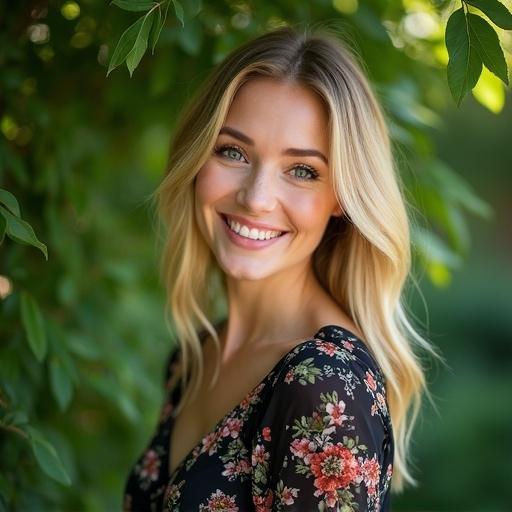 Portrait of a woman in a black floral dress surrounded by green foliage. Natural light highlights her smile and blonde hair. Woman stands near a tree with blurred green background creating a joyful and serene atmosphere.