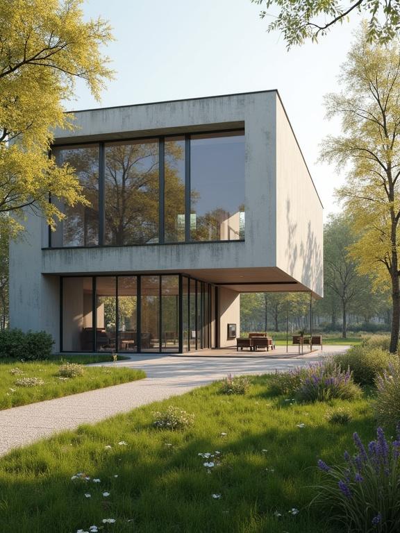 Archviz of a modern school building with artistic structure. No people present. Sculpture elements in design. Morning scene depicting a story. Composition adheres to the rule of thirds. Photorealistic style with a large garden. Spring season with lush greenery and quality materials.
