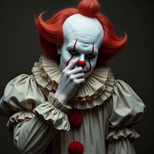 A sad clown holding his face with his palm sitting and dressed in simple, old clothing in realistic 9-16 format.