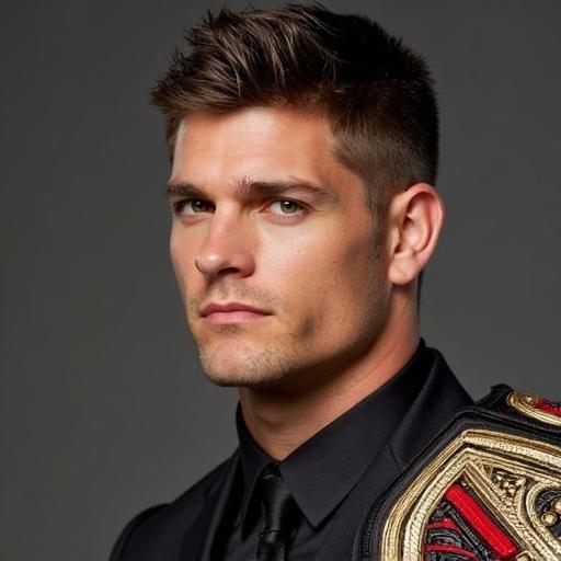 A close-up portrait of a male wrestler holding a championship belt. Strong facial features and confident expression. Dressed in a formal outfit with a tie.