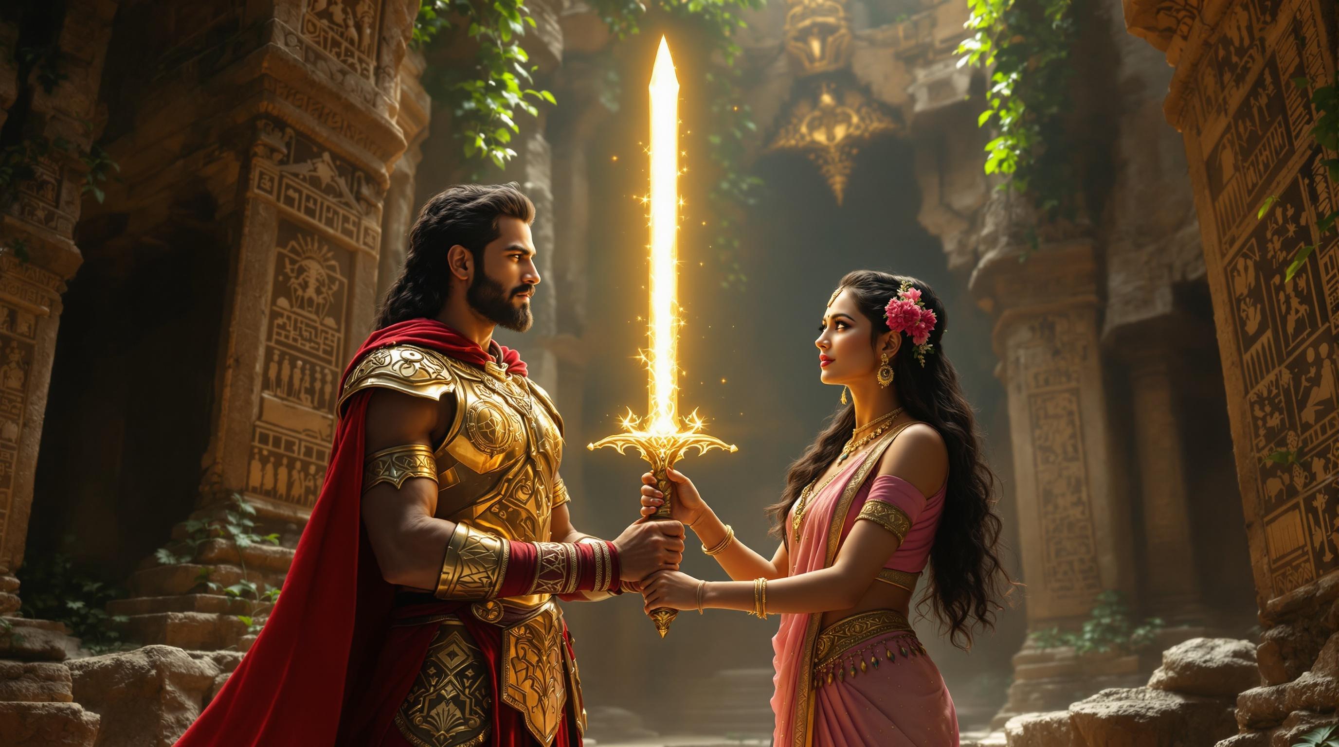 Ultra HD image of King Rudrasen and Queen Mriganjali in ancient ruins. Divine sword Amritdhara glows brightly. King in golden armor. Queen in pink and gold saree. Chamber with ancient carvings. Vines retreat in reverence. Triumphant atmosphere as couple faces challenge.