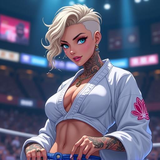 Futuristic anime character in taekwondo gi. Woman with short blonde hair and blue eyes. Stylish tattoos and modern accessories. Luxurious martial arts arena in Shanghai at night. Emphasizes strength and beauty.