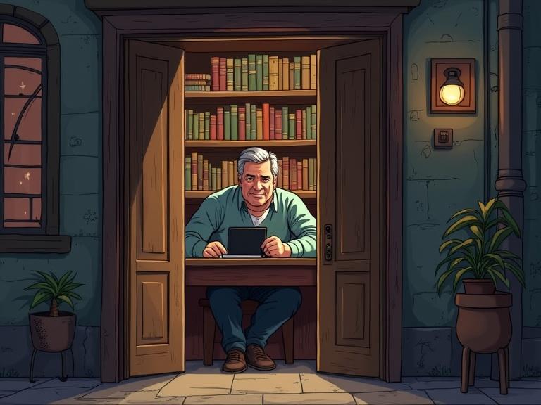 A cartoon scene depicting an old alleyway library. A man in his fifties closes the doors and sits at a desk. A black notebook is on the table surrounded by books. Warm lighting creates an inviting atmosphere.