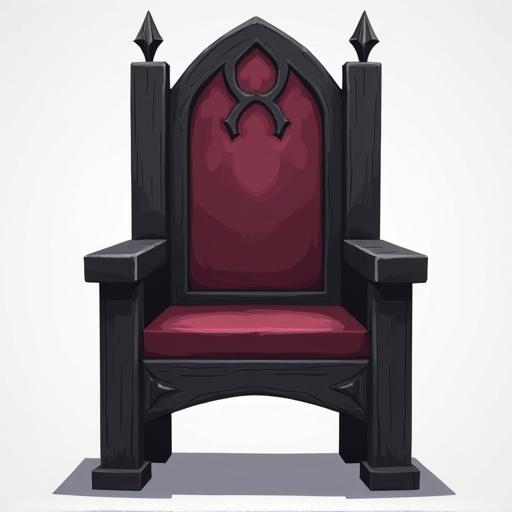 2D view of a simplified gothic chair. High backrest with arched top. Minimal carved motifs. Blackened wooden legs. Basic wooden frame. Flat burgundy cushion. Subtle wood grain textures. No shadows or highlights for sprite usage. Transparent background.