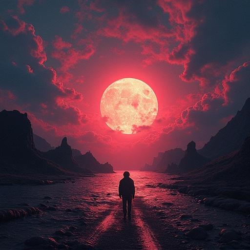Striking artwork for an album cover featuring a large moon and a figure walking on a path. Dark landscape with dramatic clouds and a bold color palette. Text reads Last Light by DJ Hoptronixx.