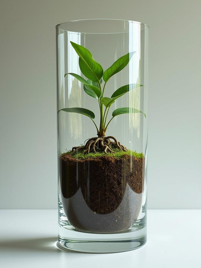 A clear glass tumbler showcases a small plant with visible roots growing from its base. The plant sits on a layer of soil surrounded by moss, creating an indoor gardening display.